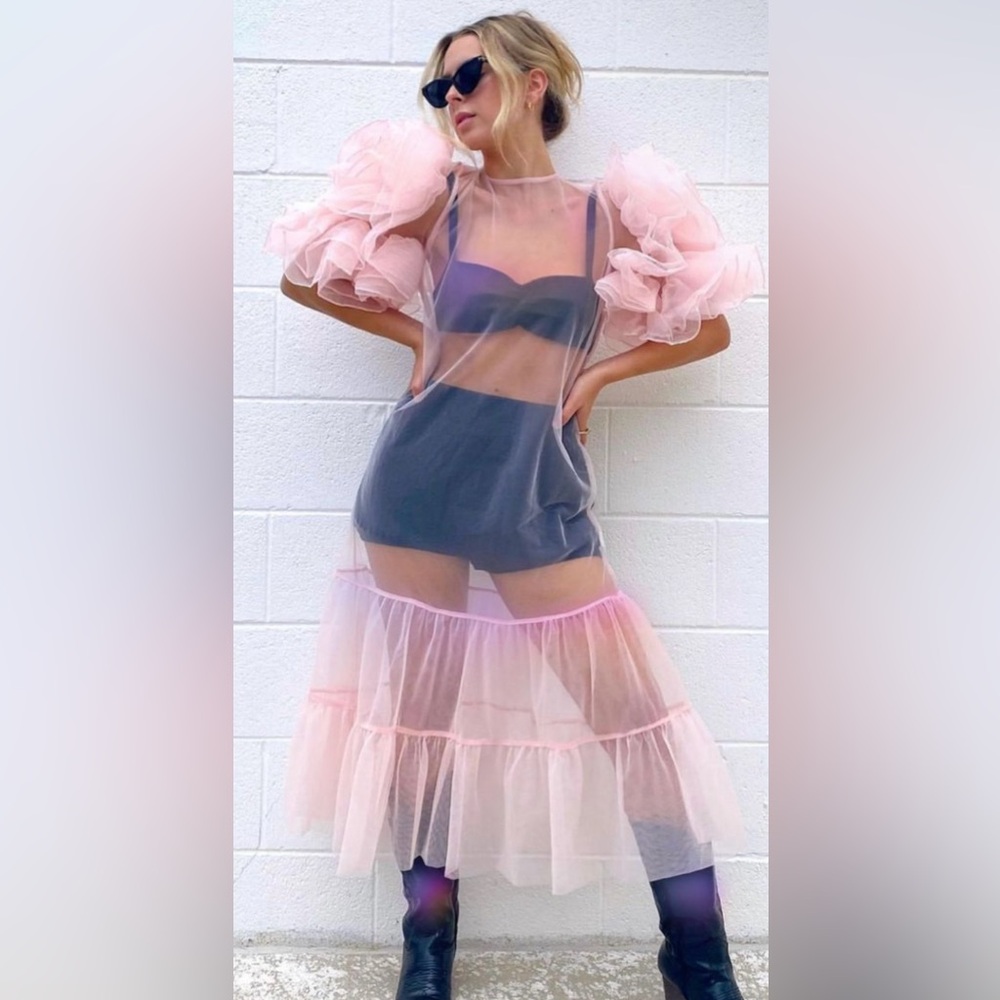 Pink Lace Overlay Dress embroidered with ruffled sleeves sheer - Picture 15 of 16